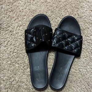 Quilted Black Slide Sandals with Gold Stud Detail